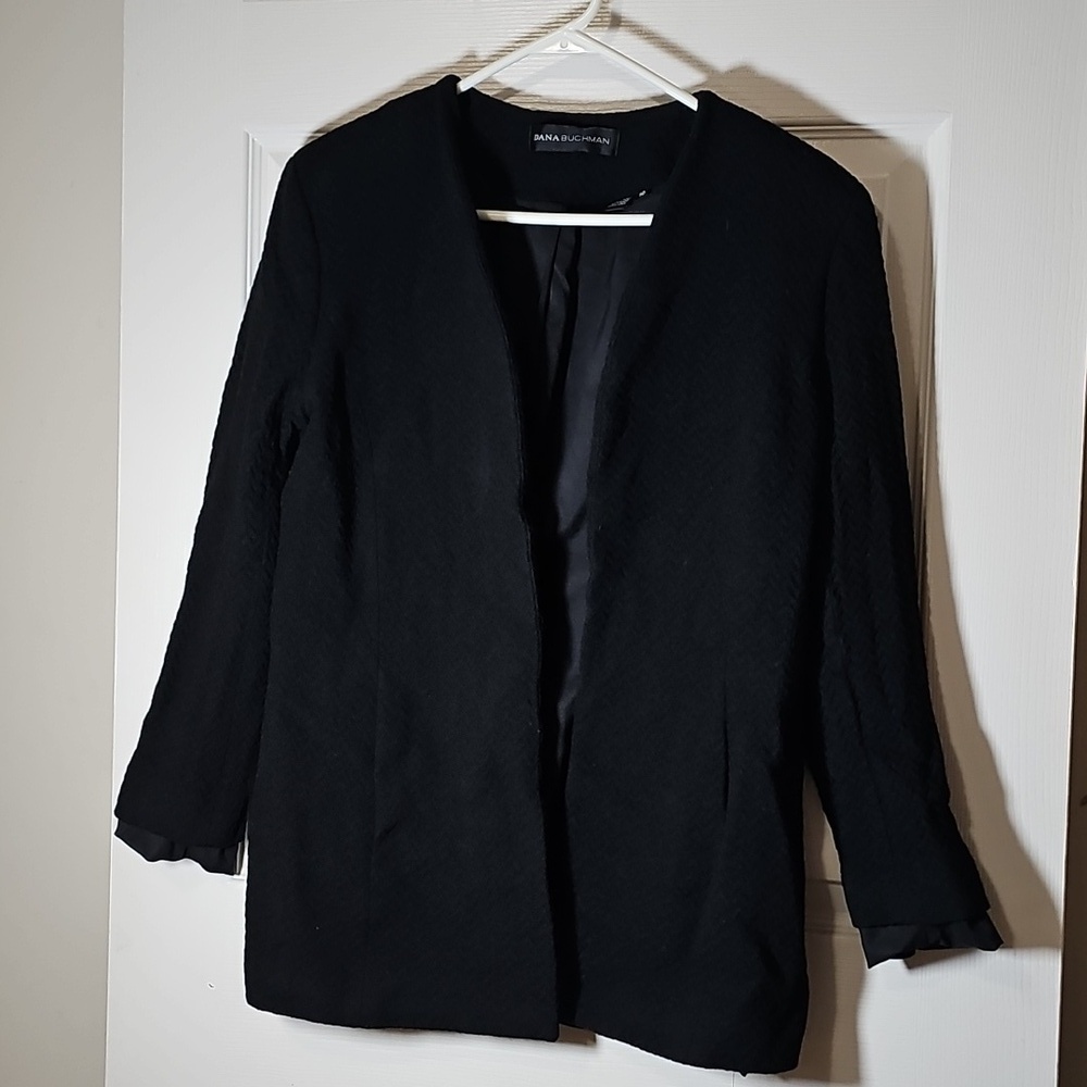 Dana Buchman Black Wool Open Front Collarless Longline Blazer Jacket Size 10 - Picture 2 of 10